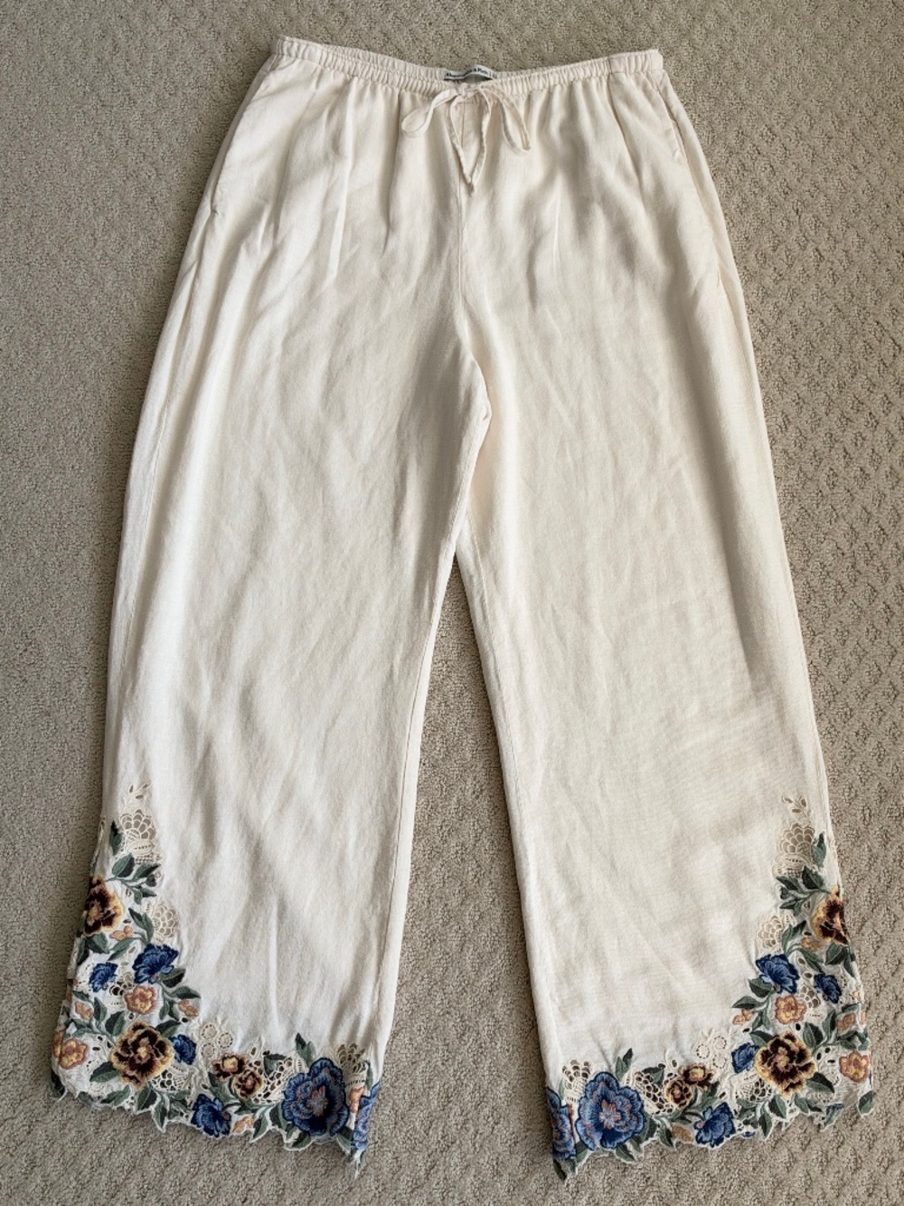 Abercrombie & Fitch Linen Blend Wide Leg Embroidered Pull-On Pant L Coastal Boho